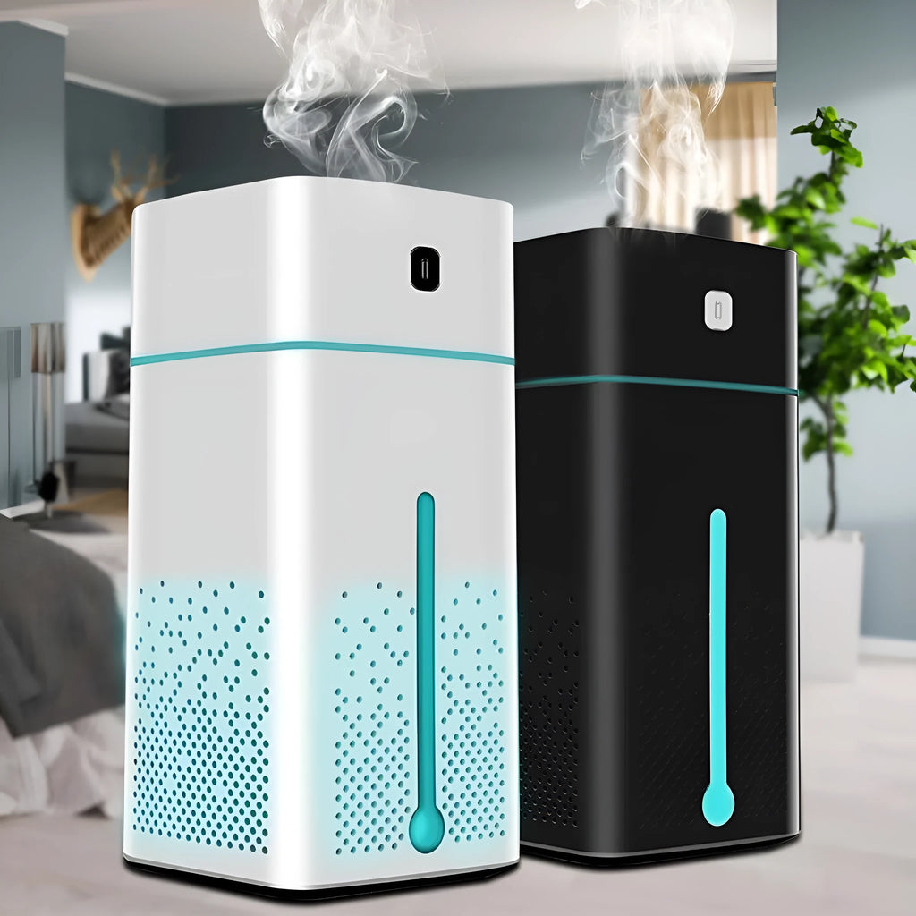 Black and white desktop USB humidifier with 1000ml water tank on a wooden desk.