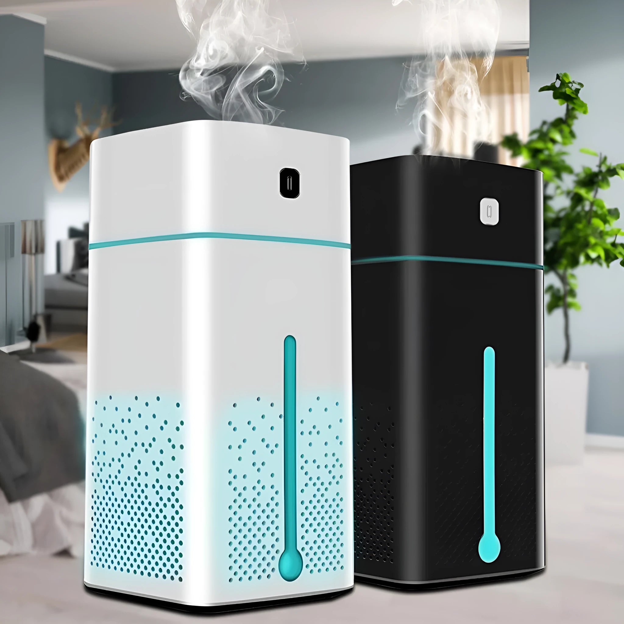 Black and white desktop USB humidifier with 1000ml water tank on a wooden desk.