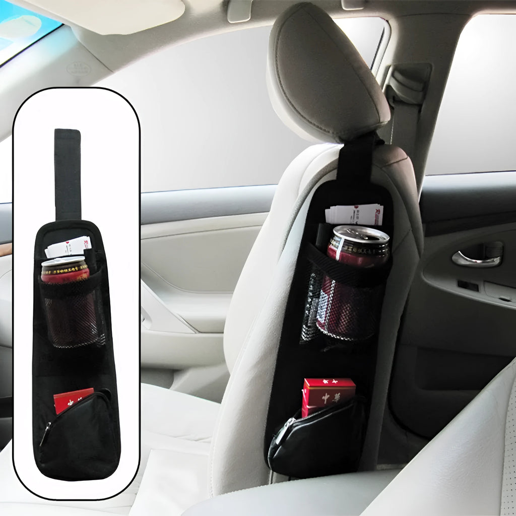 Black nylon car chair side bag with compartments for drinks and phone, attached to vehicle seat