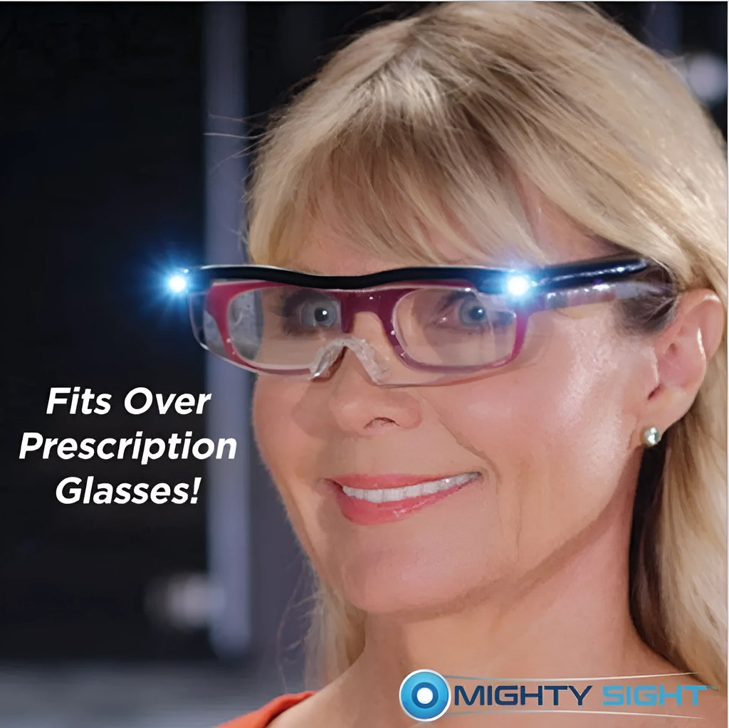 Transparent black USB LED reading glasses with integrated lights on the frame.