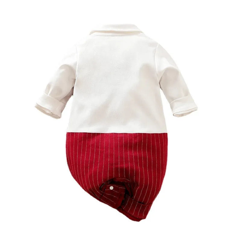 Gentleman-style wine red baby boy cotton jumpsuit with single-breasted closure and long sleeves