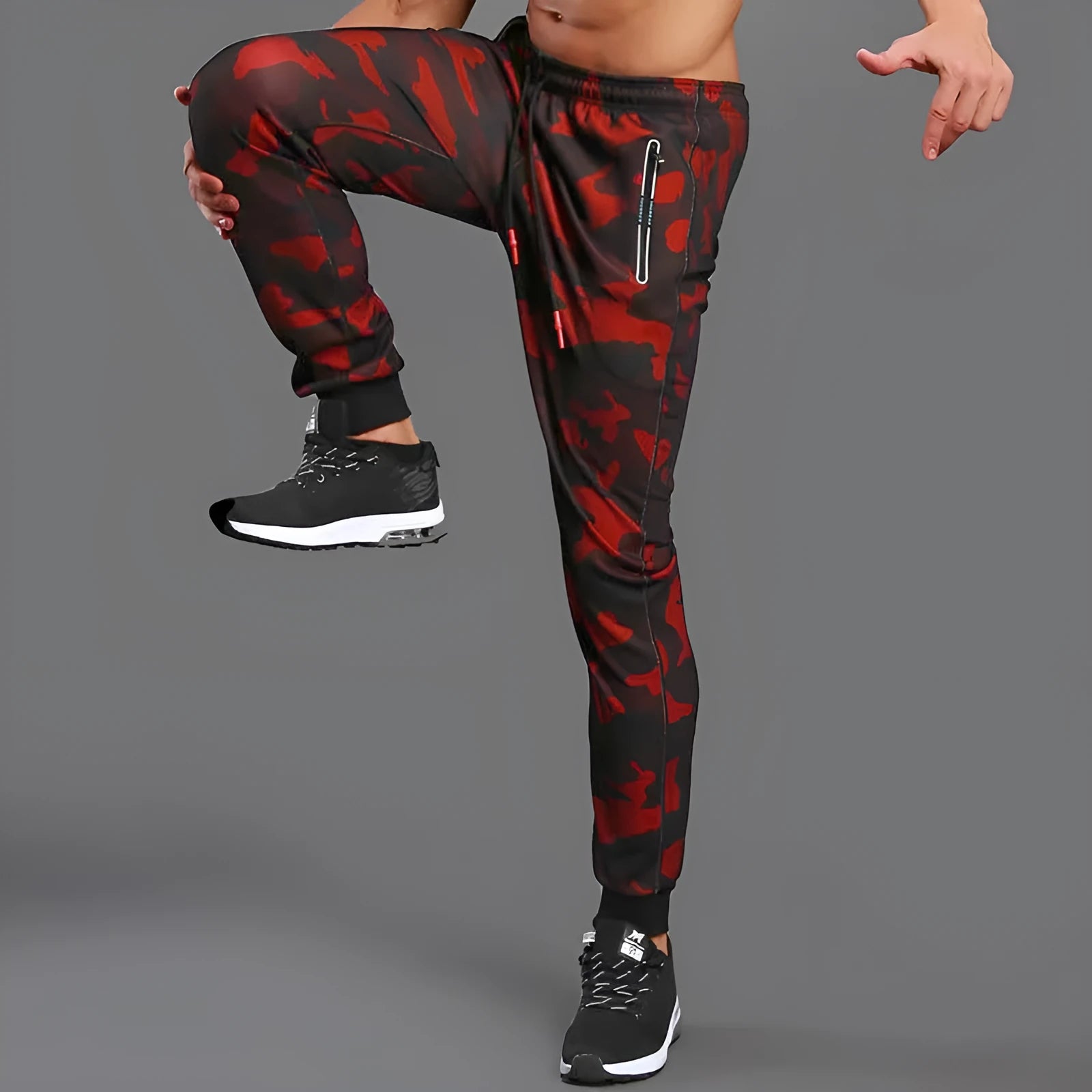 Mens camouflage casual sports pants in polyester, long trousers fit, black and gray colour