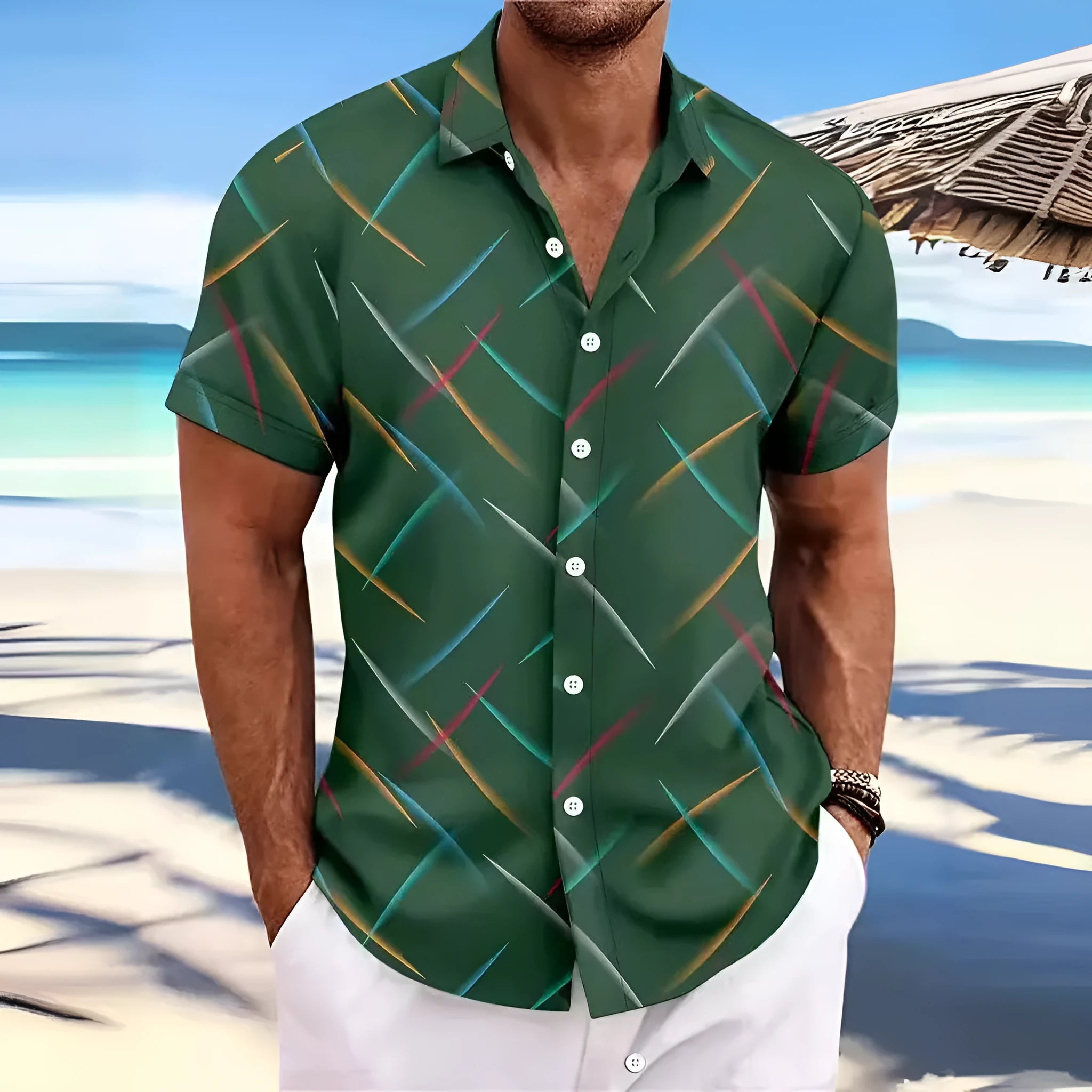 Men's casual beach button shirt with striped feather pattern, short sleeves, and loose fit in peacock blue colour
