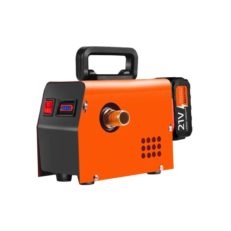 Aluminium alloy small portable rechargeable oil well pump with lithium battery and accessories on a workbench