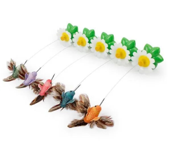 Electric automatic rotating white flower with green leaves and colourful butterfly on 21cm steel wire