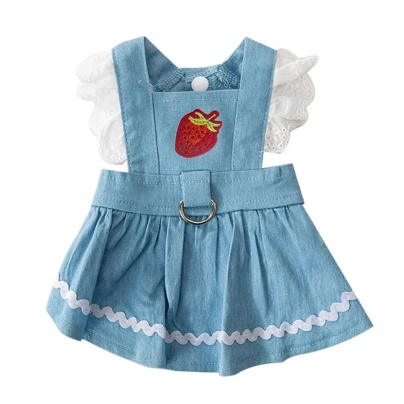 Bondi Blue dog skirt with strawberry print and elastic waistband on a small dog.
