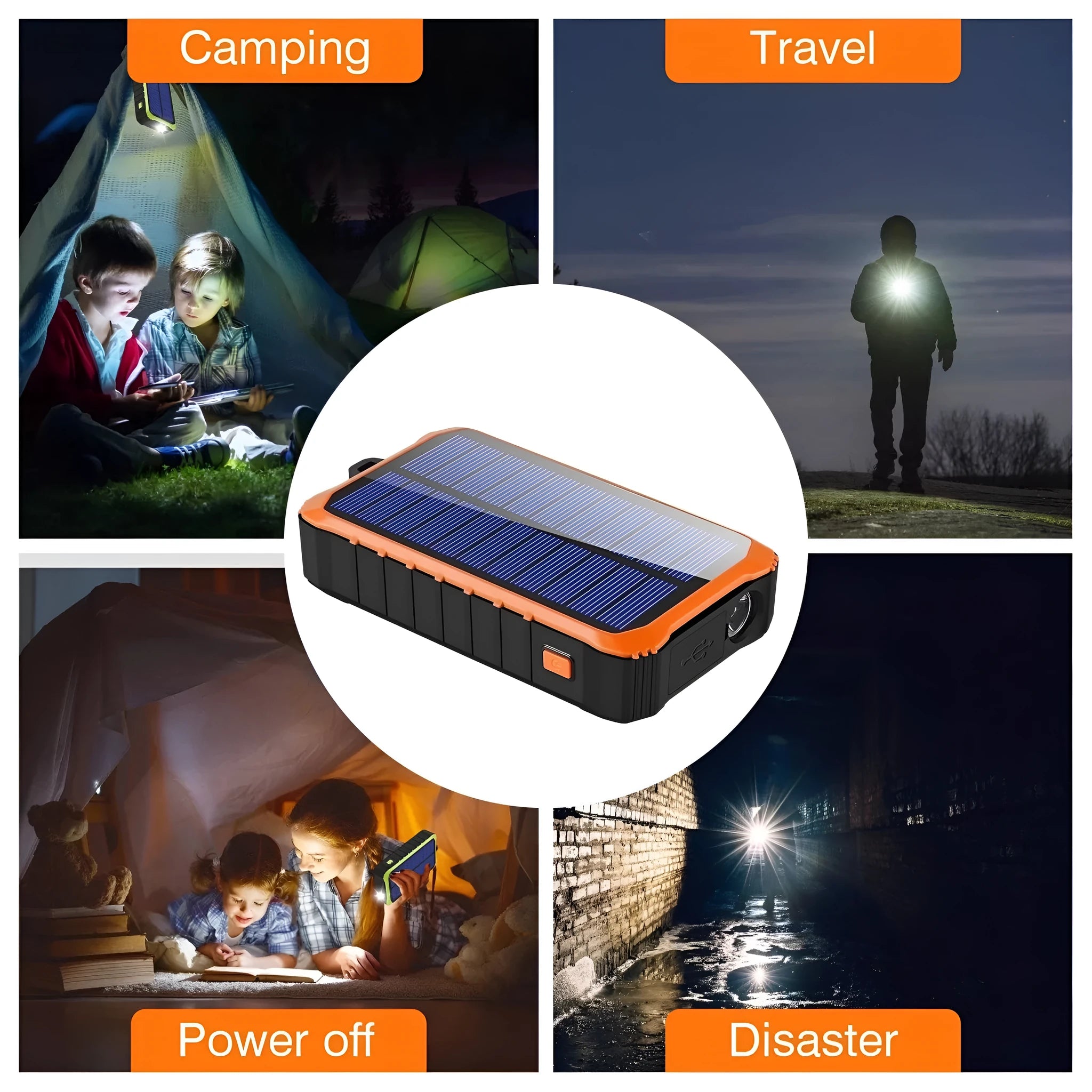 Orange and green portable solar hand crank power bank with USB ports and LED light.