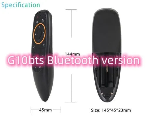G10S Pro intelligent wireless remote control with silicone buttons, showing backlight and gyroscope for air mouse control.