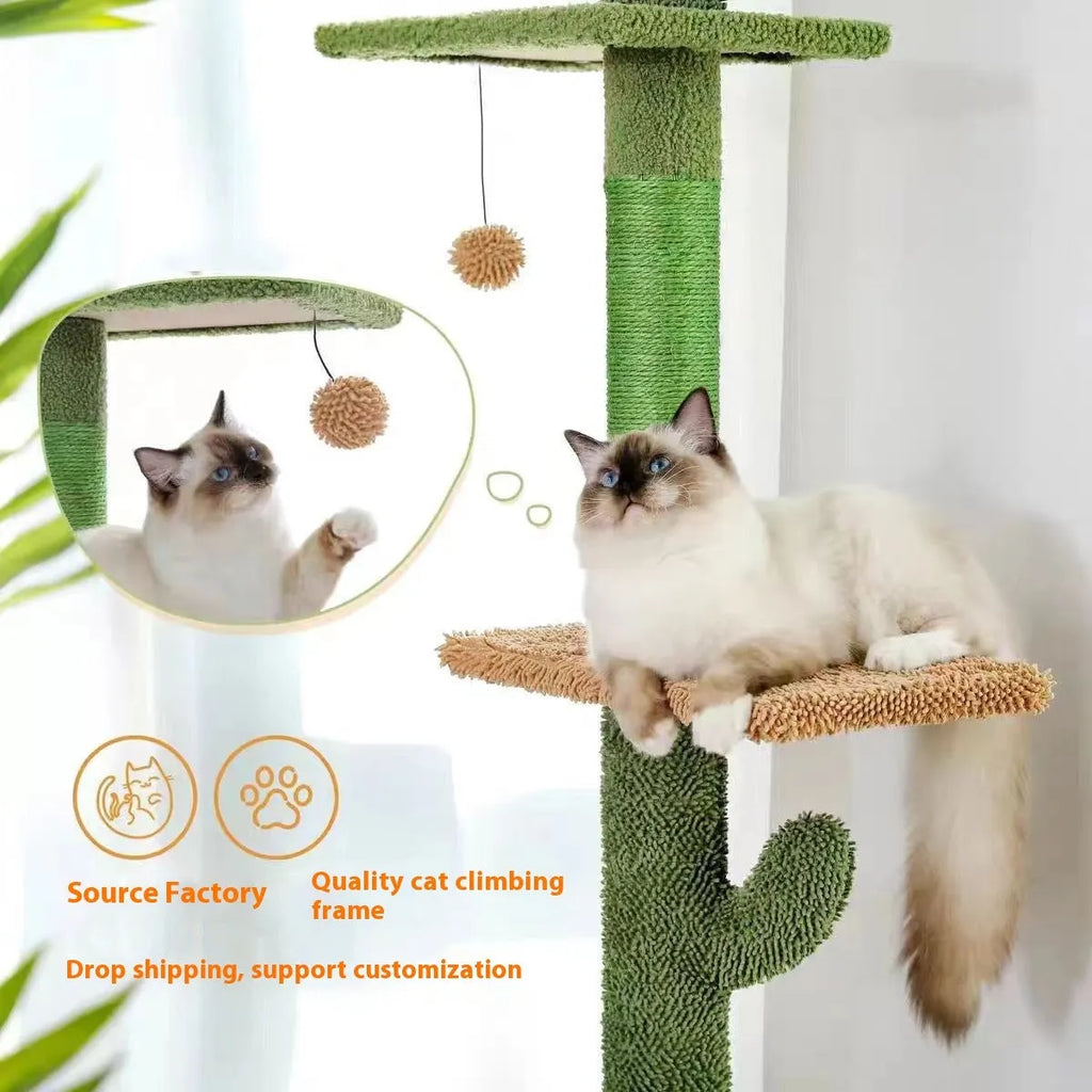 Tall solid wood cat climbing frame with integrated cat nest, scratch board, and hanging toy