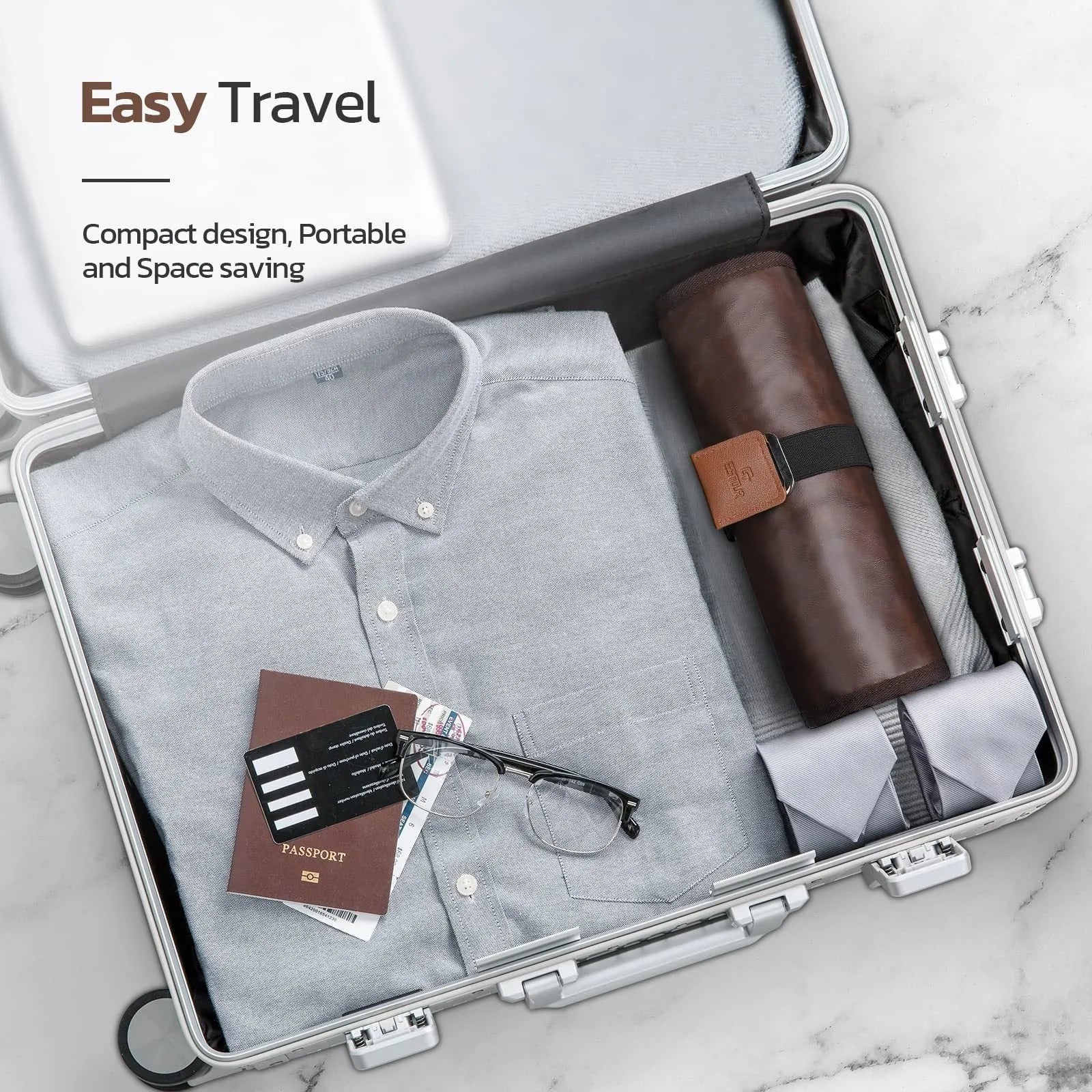 Men's portable PU travel wash bag in simple modern design, black and light brown colour options