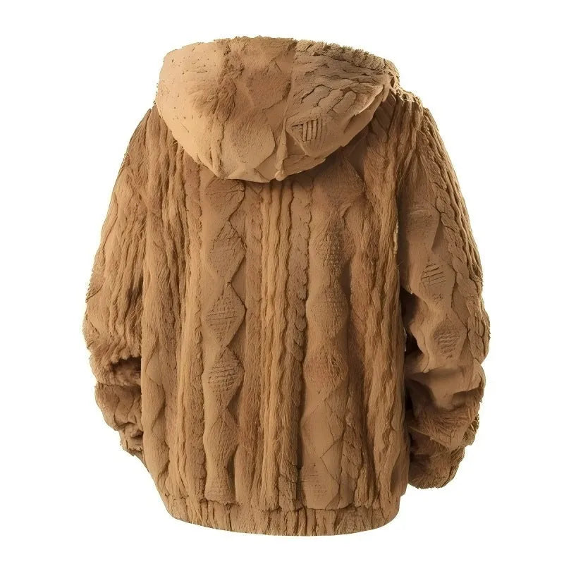 Fleece padded men's warm jacket in khaki with topstitching slit pocket, solid colour casual style