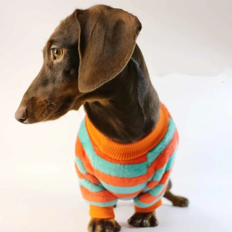 Orange red and white striped casual pet sweatshirt for dogs and cats on a hanger.