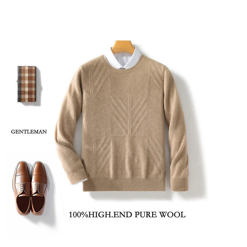 Men's round neck solid colour jacquard sweater in loose fit, long sleeves, seven colours, S-XXXL