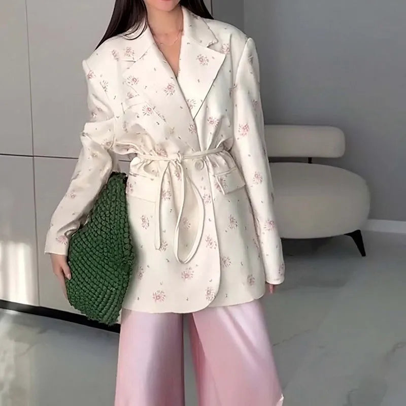 Women's collar lace-up waist-tight suit jacket in polyester, shown in apricot colour on a model.