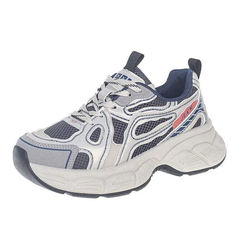 Women's casual breathable mesh board shoes in gray with thick rubber sole and front lace-up