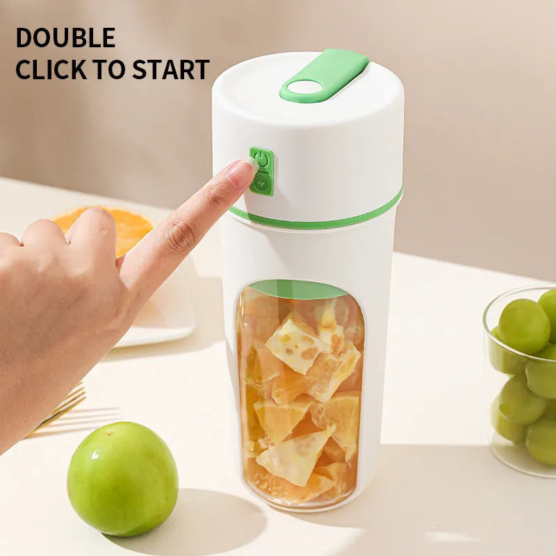 Blue portable USB rechargeable electric juicer and blender with 400ml cup on a kitchen counter.