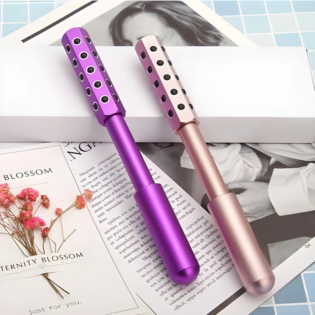 Germanium particles facial massage roller with 24 balls, purple body measuring 193mm