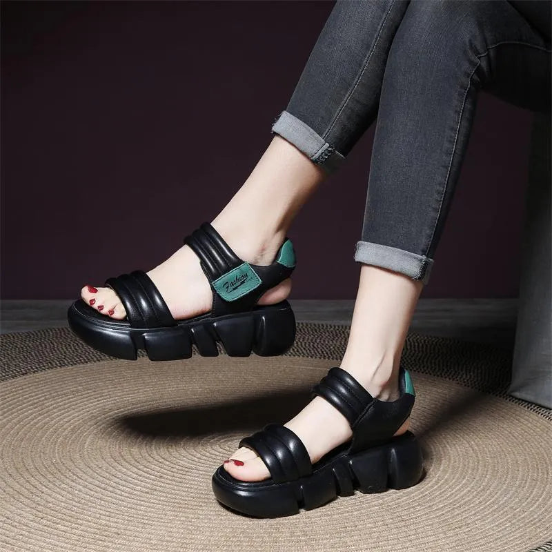 Open toe platform wedge sandals in beige with round toe, Velcro strap, and non-slip rubber sole
