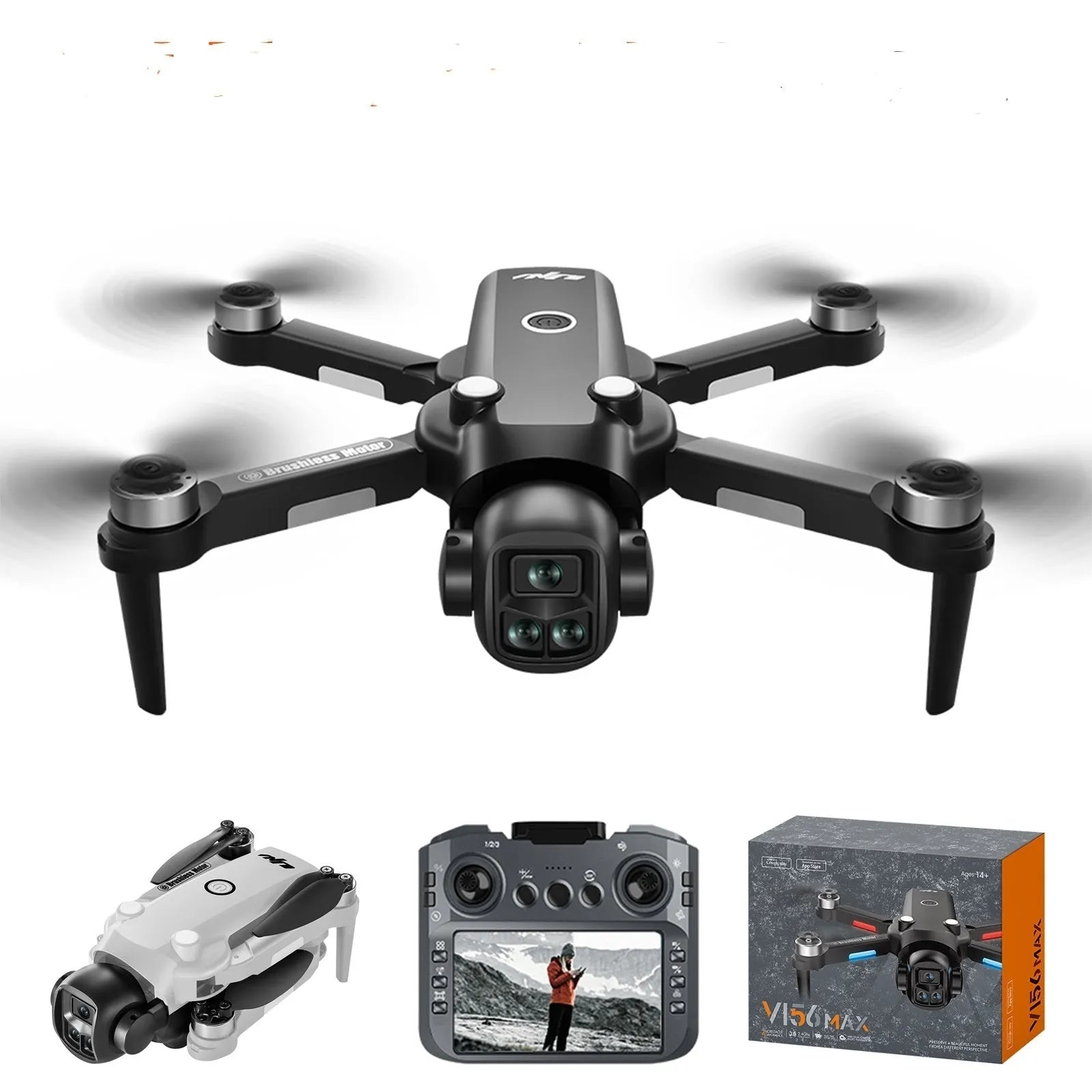 Black HD aerial photography drone with built-in screen and brushless motor on white background