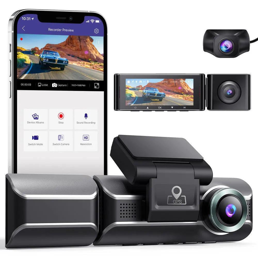 Front and rear view of a dual-lens car dash camera with 3-inch screen mounted on bracket