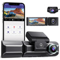 Front and rear view of a dual-lens car dash camera with 3-inch screen mounted on bracket