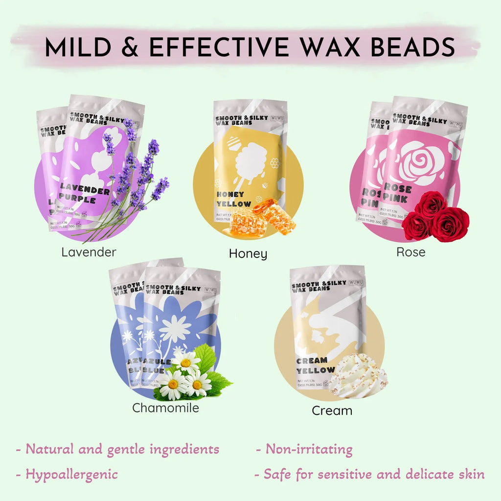 WUWUVISTA 63-piece waxing kit with black wax warmer, wax beads, applicator sticks, and lotion