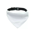 Blank white polyester dog scarf shown flat with dimensions for four size options available for thermal transfer customisation