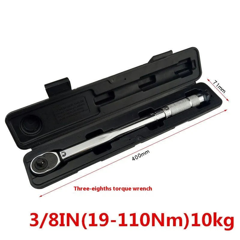 Five-piece preset torque wrench set with sockets and extension rod in plastic case