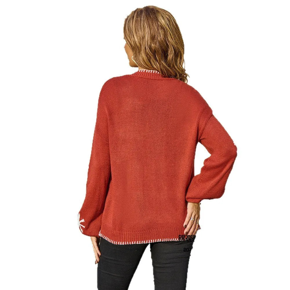 Beige plus size women's knitted coat with floral jacquard pattern and off-neck collar.