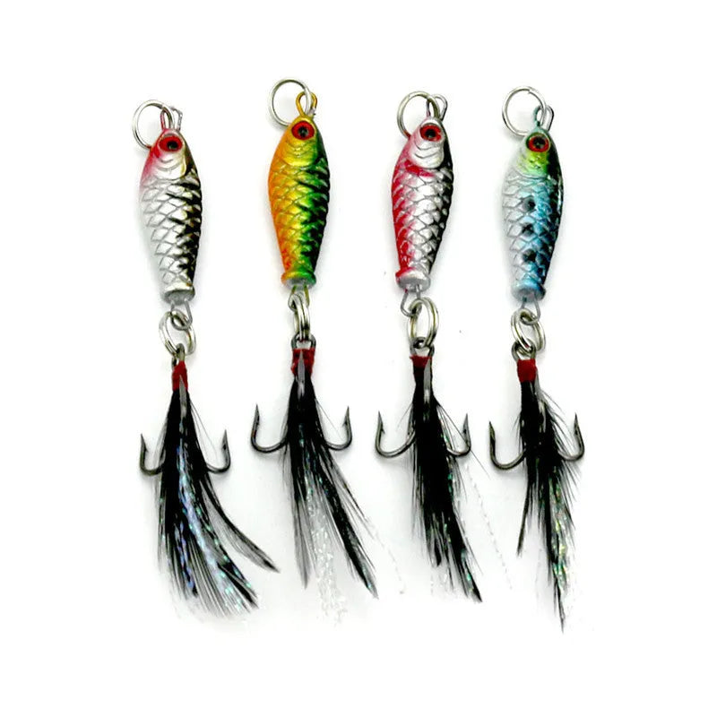 HENGJIA Mini Lead Fish Bait 5g 2.5cm metal lure with 3D eyes and 6# hook in four assorted colours