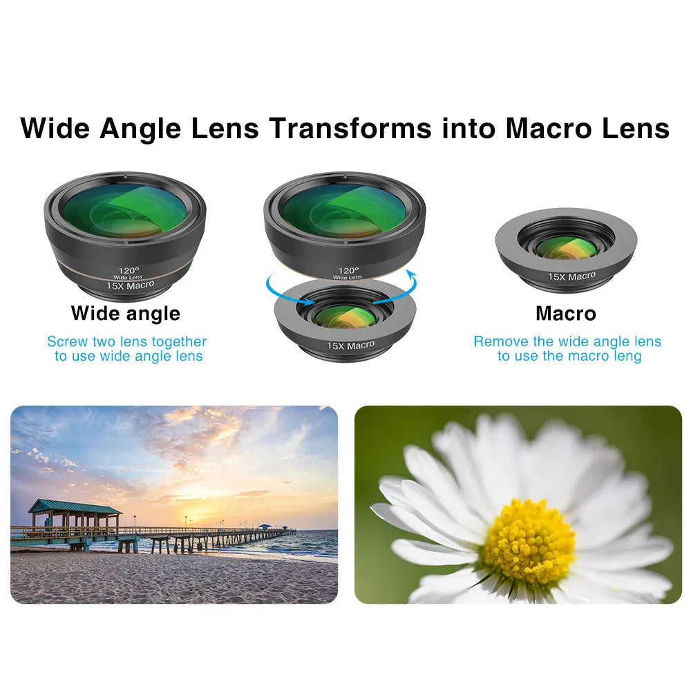 Black 6-in-1 smartphone camera lens kit with fisheye, wide-angle, macro, telephoto, CPL and star filter lenses and universal clip