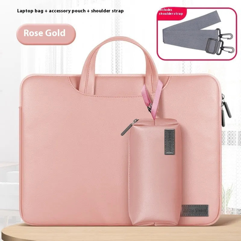 Black PU laptop organiser bag with integrated power bank, open to show compartment for a 13-16 inch notebook.