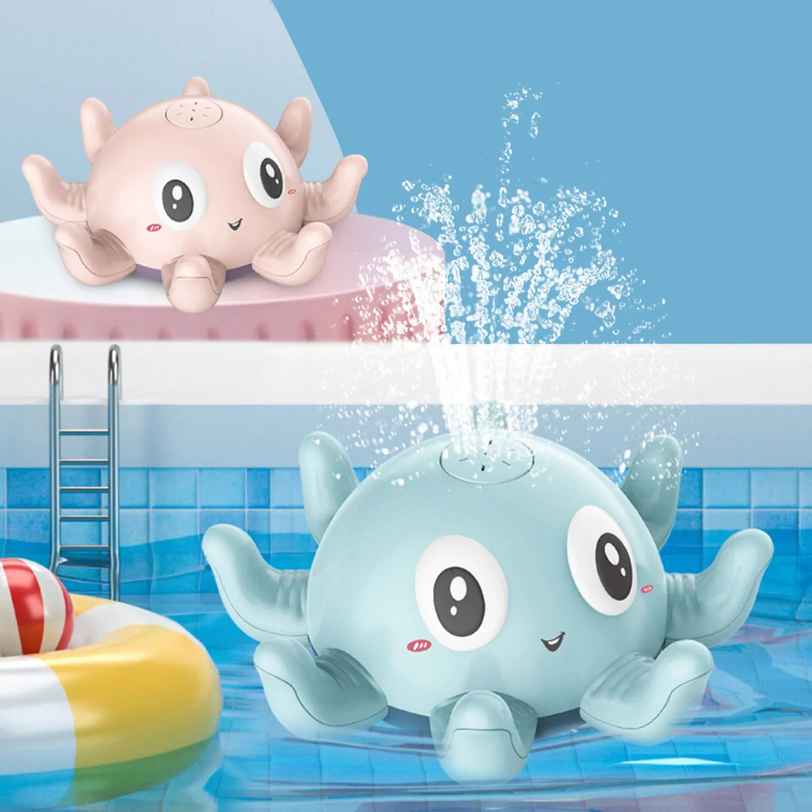 Blue octopus automatic water spray bath toy with flashing lights for children's bathtub play