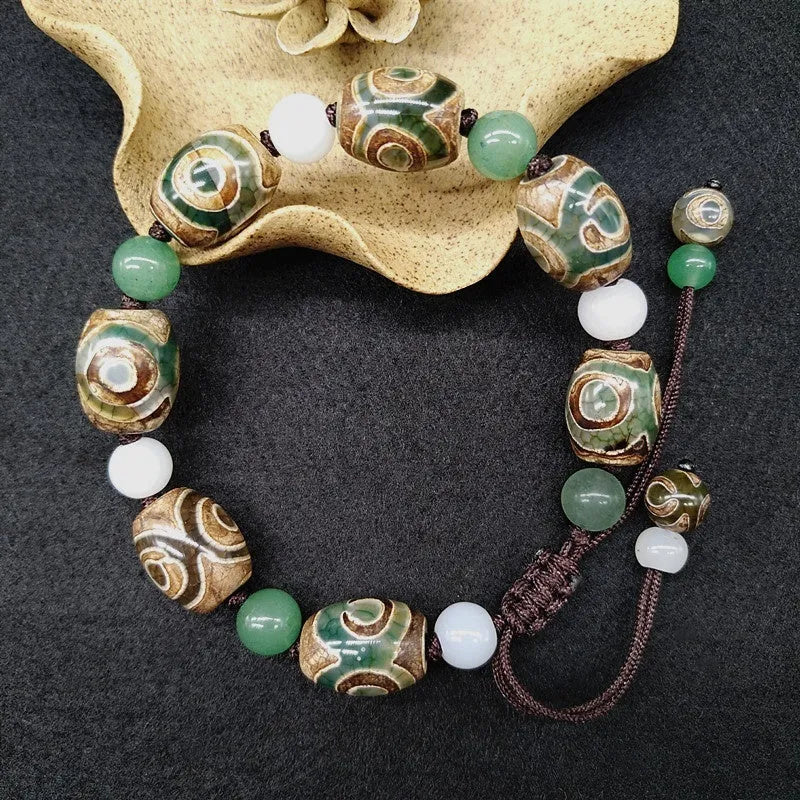 Green agate Tibet beads bracelet with hand-woven ethnic style and geometric patterns