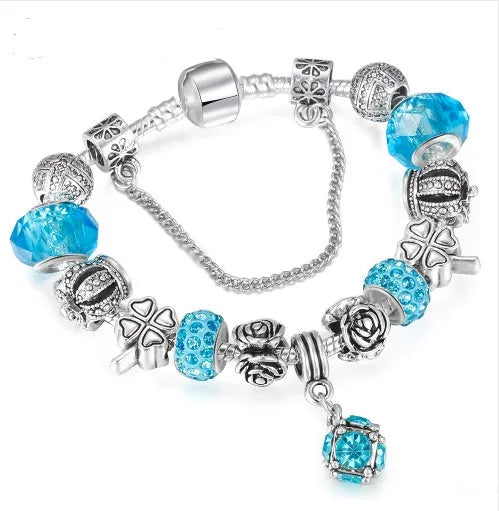 Multi-strand beaded bracelet with alloy, glazed, and crystal beads in six colour options and 18-21cm lengths