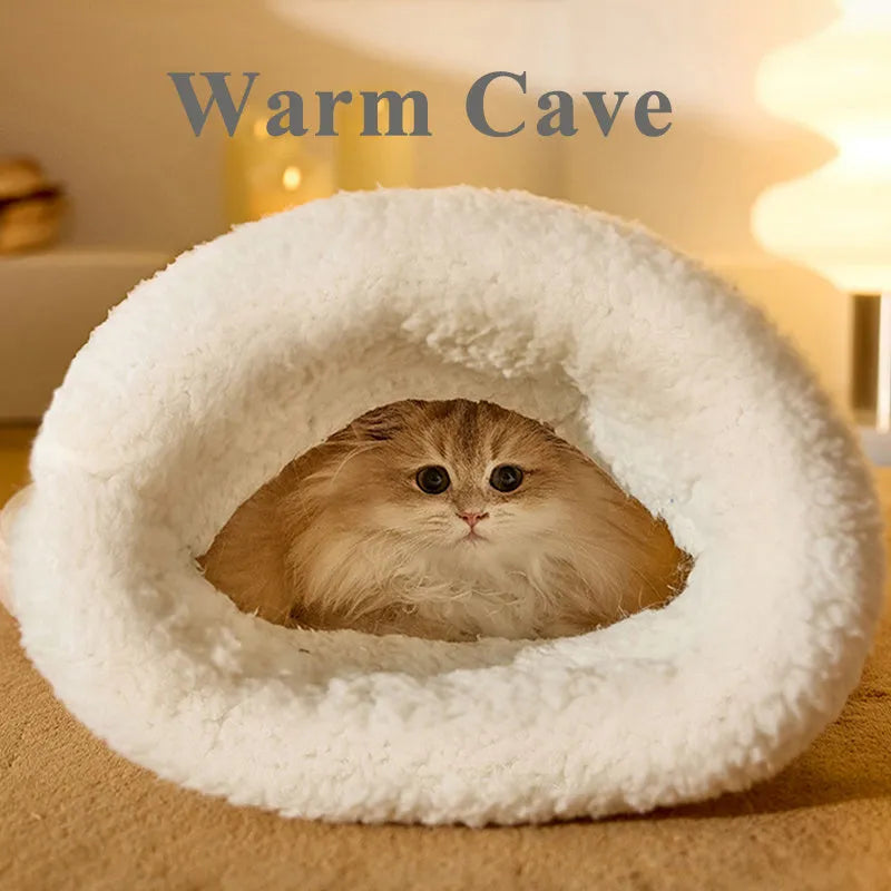 Cat sleeping bag nest with fleece fabric exterior and bear pattern in light brown colour