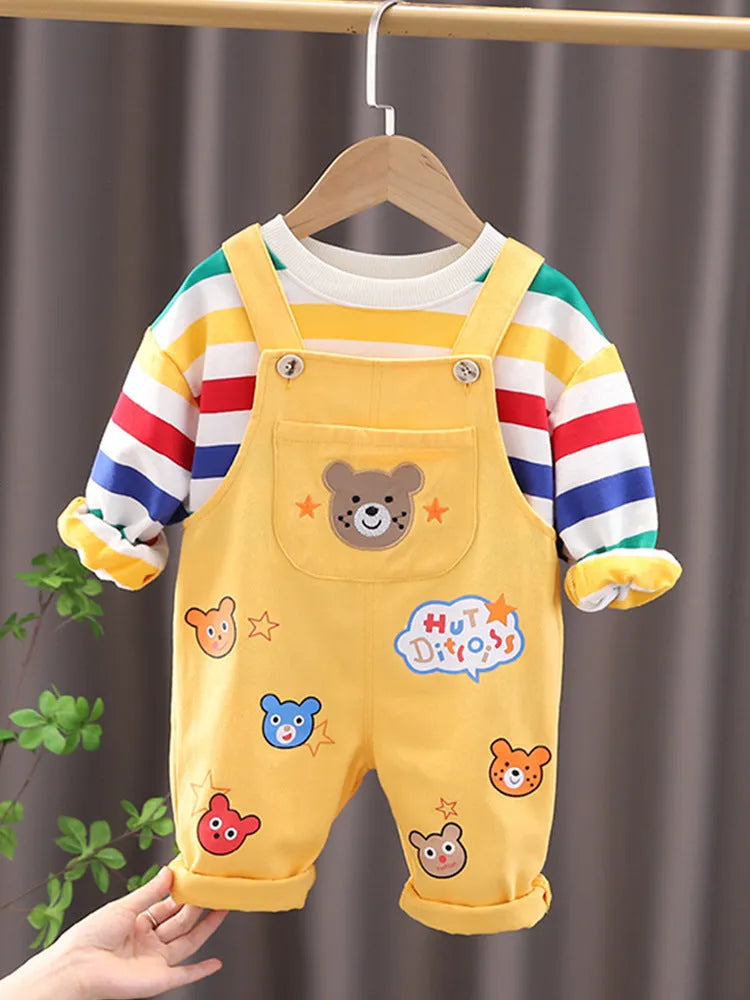 Boys' cotton plaid overalls suit with shirt and strap pants in beige or yellow colour