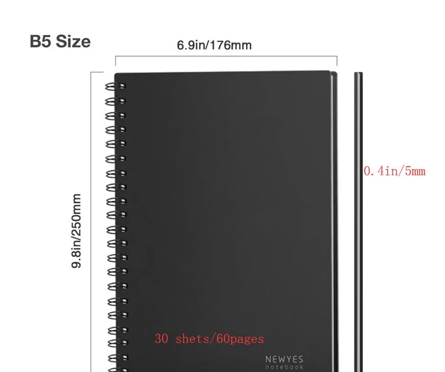 Rewritable paper notebook B5 size black PP cover spiral binding with erasable pen and app backup