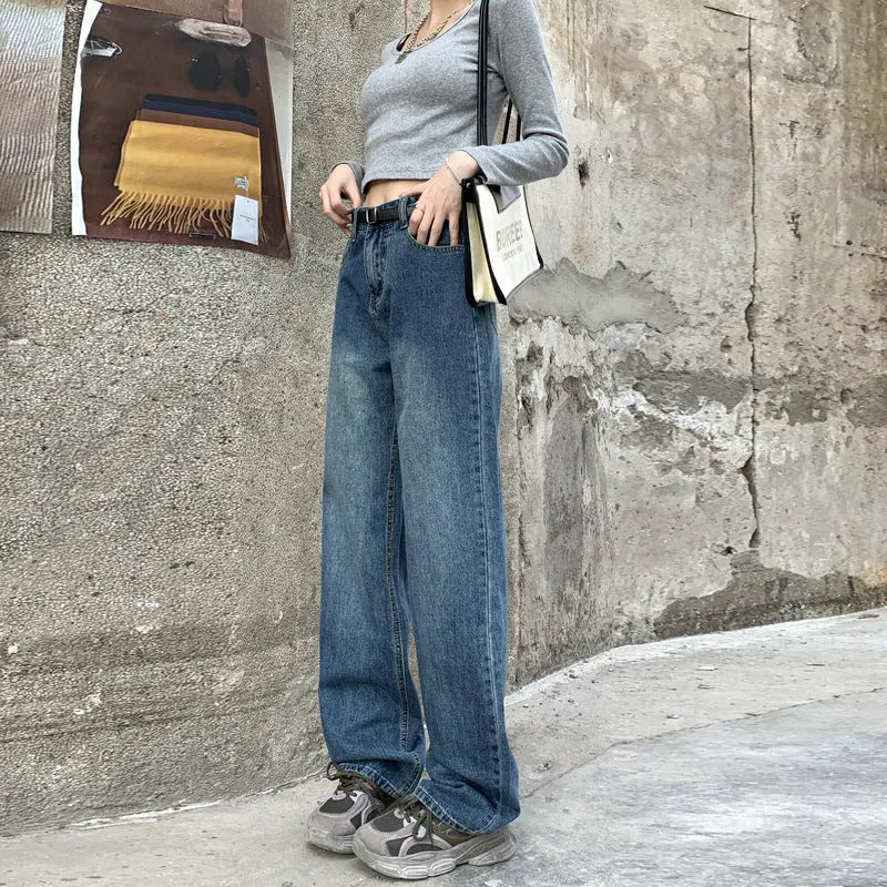 Women's high-waist straight-leg jeans in retro blue denim, shown in cropped, standard, and long lengths.