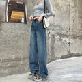 Women's high-waist straight-leg jeans in retro blue denim, shown in cropped, standard, and long lengths.