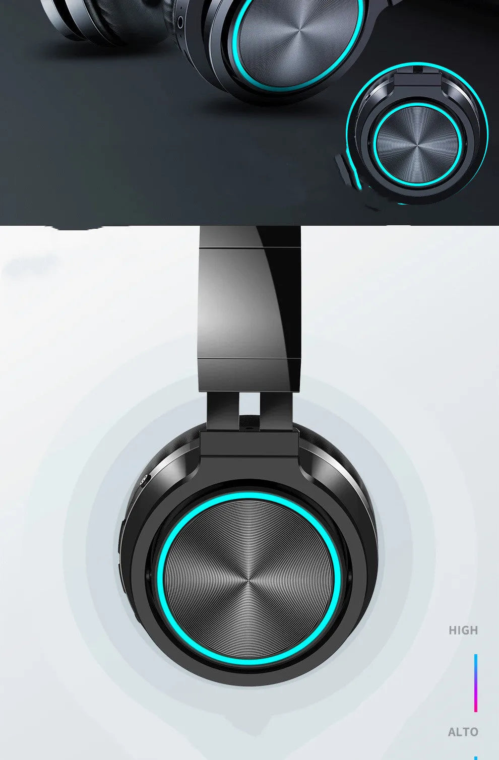 B12 wireless folding headset in black, red, and grey colour variants showing head-mounted design.