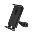 Black universal car headrest tablet holder mounted on a car seat, showing adjustable arm and 360-degree rotation.