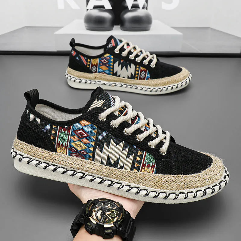 Men's beige and black cloth casual shoes with round toe and colour-block pattern, side view.