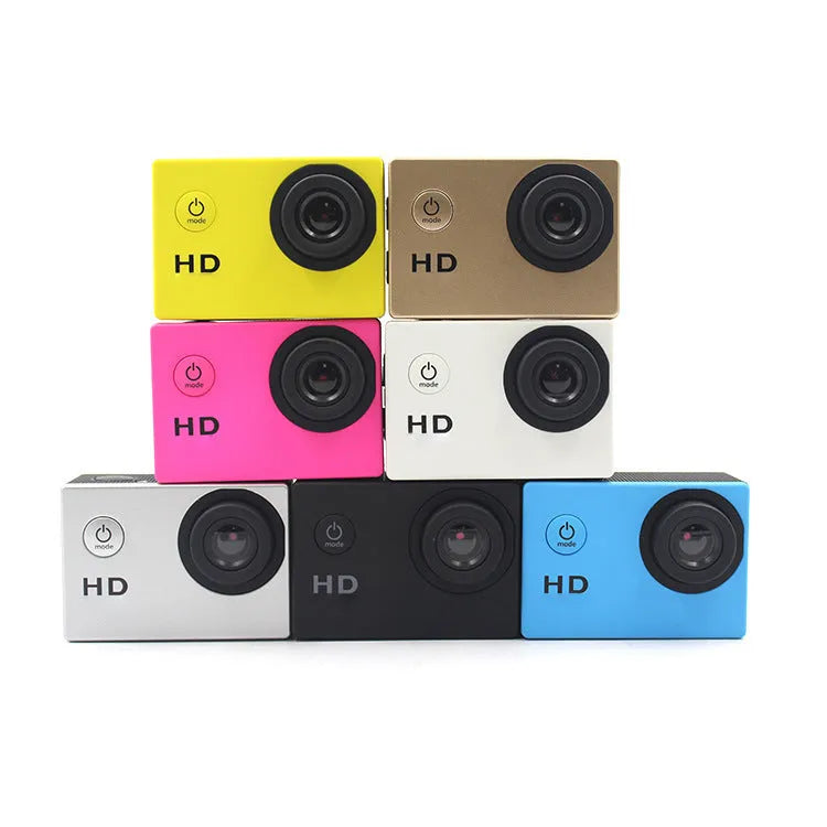 Waterproof sports camera 480P in black with LCD screen and waterproof case