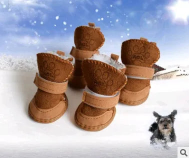 Four khaki velvet dog boots for winter snow walking, size options from small to extra large