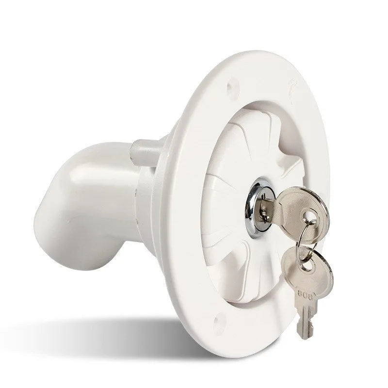 White RV gravity water filling port with 80mm hole size and 38mm pipe inner diameter mounted on panel