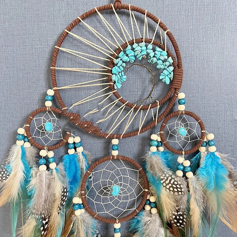High-grade turquoise lucky tree dreamcatcher hanging wind chime Earth blue five circles crystal finish 15cm by 80cm