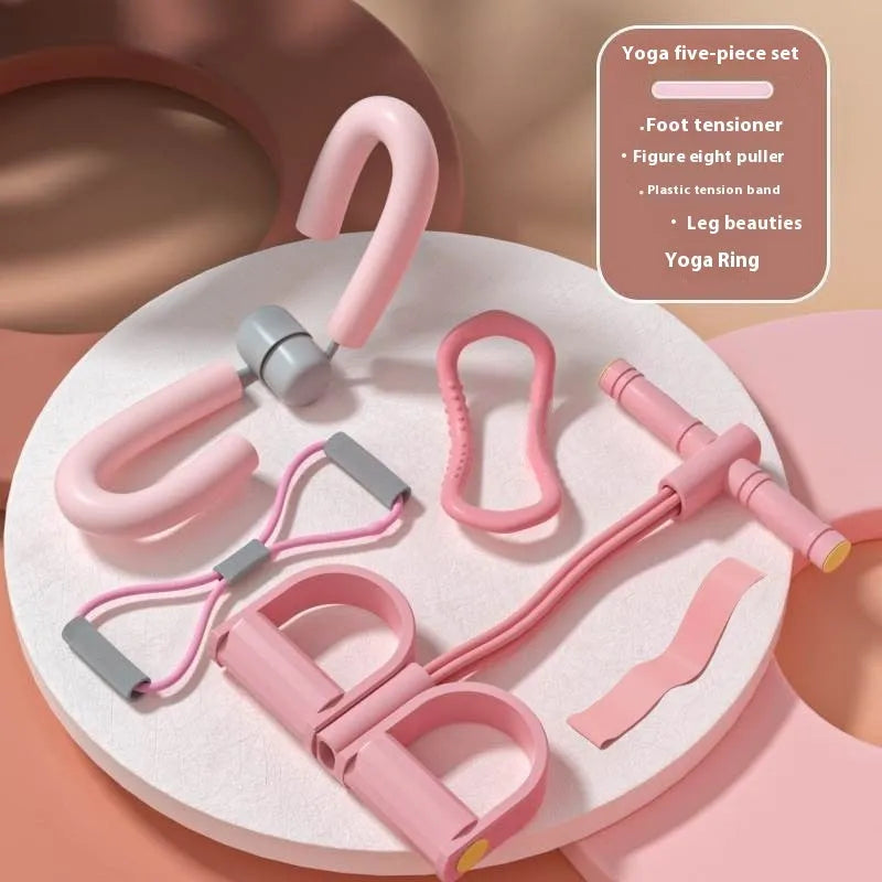 Yoga four-piece set with leg stretching device, yoga ring, pedal puller, and figure-eight tension rope on a grey background.