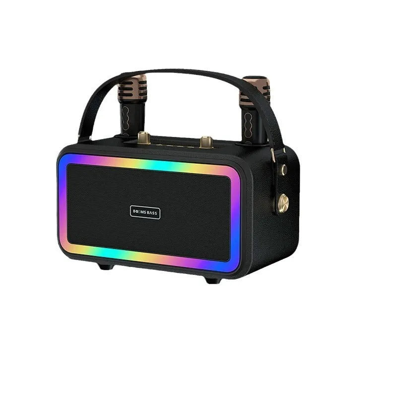 M3201 portable Bluetooth speaker with microphones in black, dark brown, and orange red colour options.