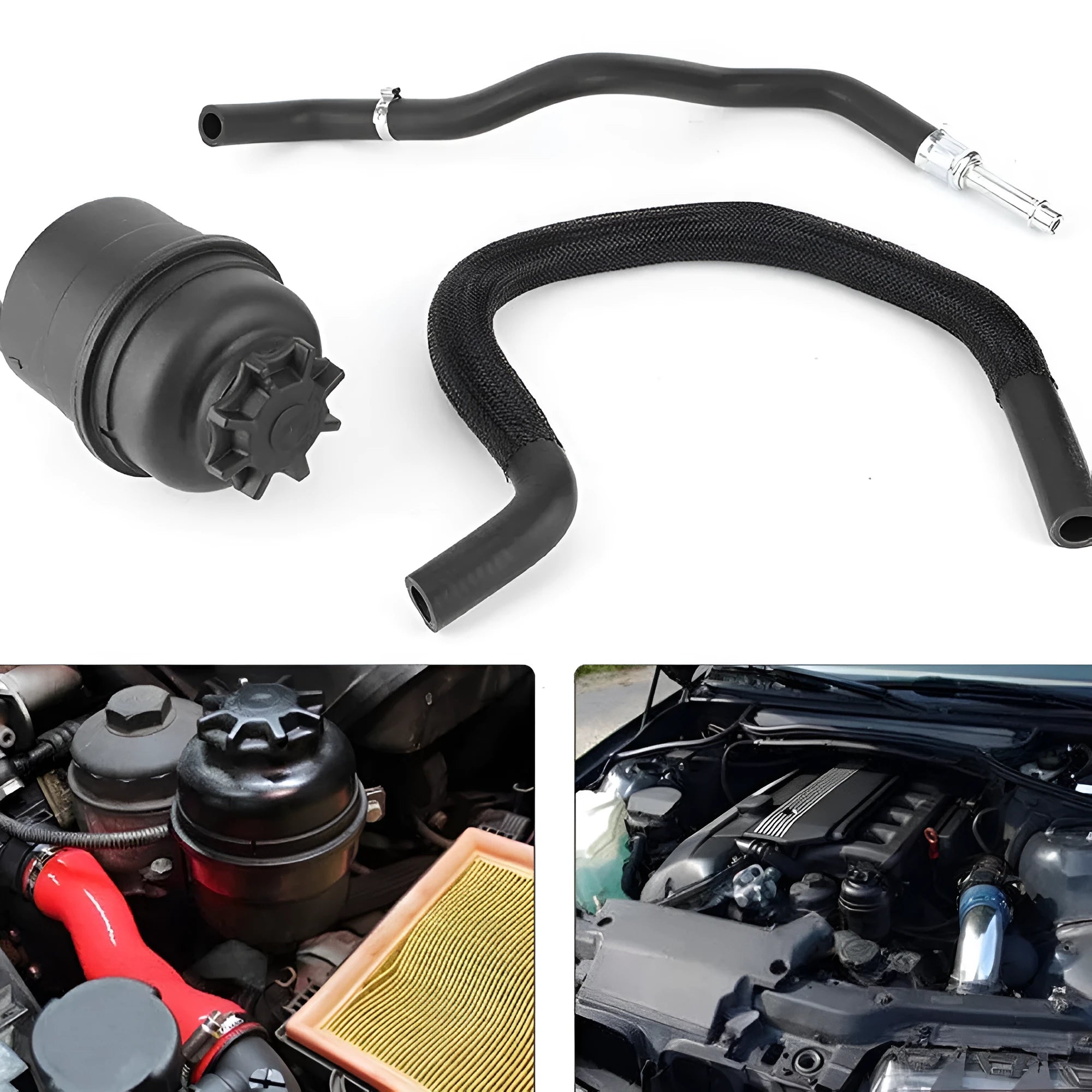 BMW power steering oil pot kit components including plastic tubing and oiler parts